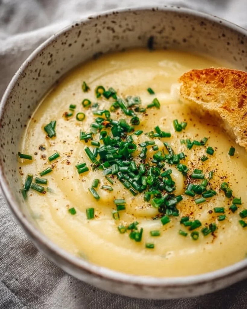 Bowl of dairy-free potato leek soup garnished with fresh herbs and spices.