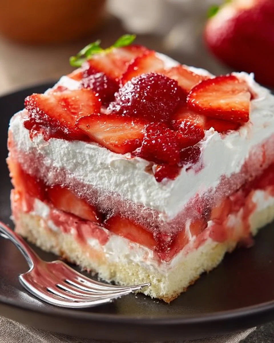 Delicious slice of the best strawberry poke cake topped with fresh strawberries