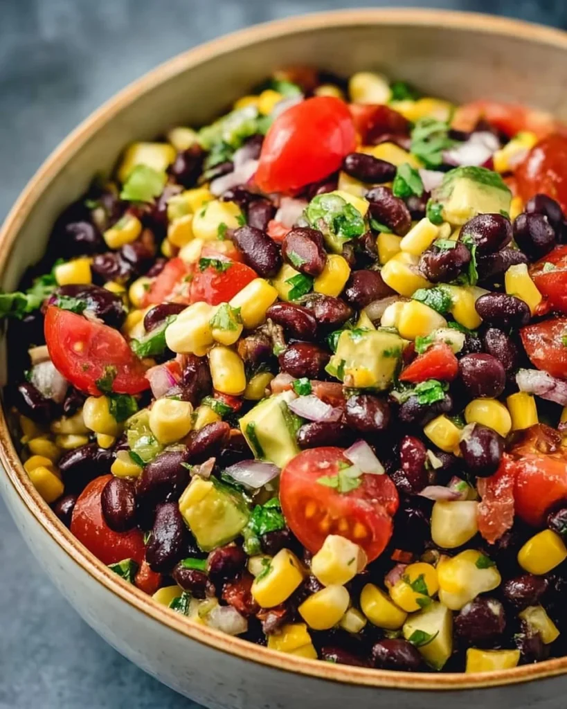 Colorful Black Bean Corn Salad with peppers, corn, and cilantro in a bowl.