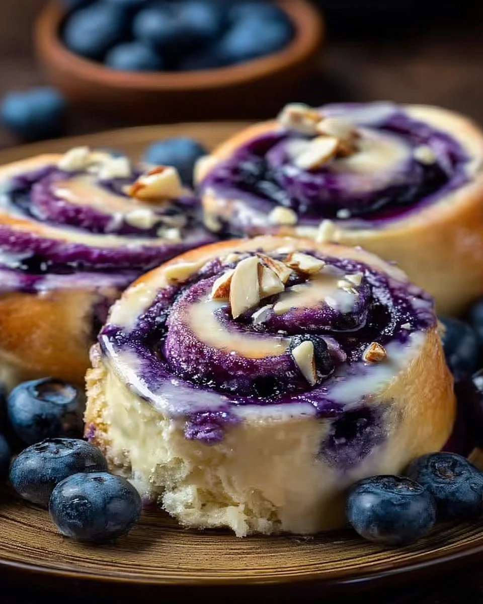 Blueberry cheesecake heaven rolls drizzled with blueberry sauce on a plate.