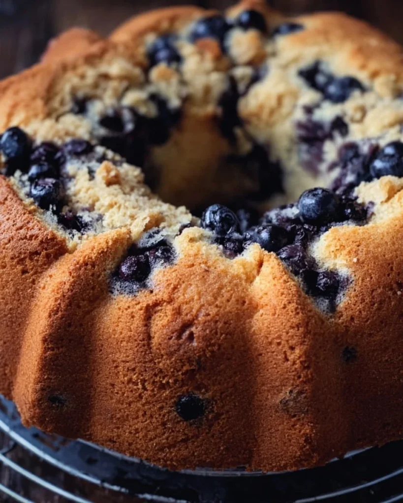 Delicious Blueberry Sour Cream Coffee Cake with a cbly topping.