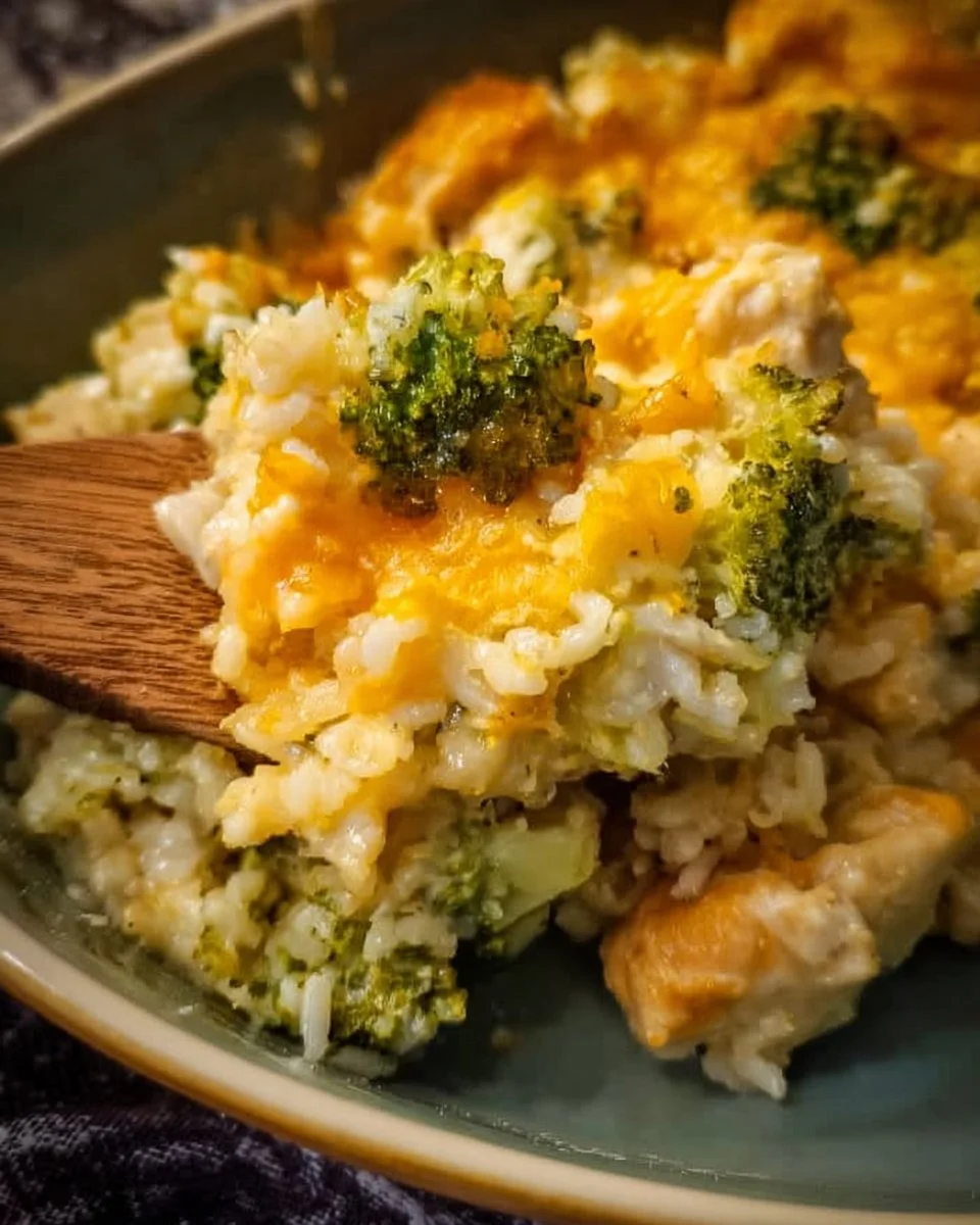 Delicious Broccoli Cheddar Chicken Casserole served in a baking dish