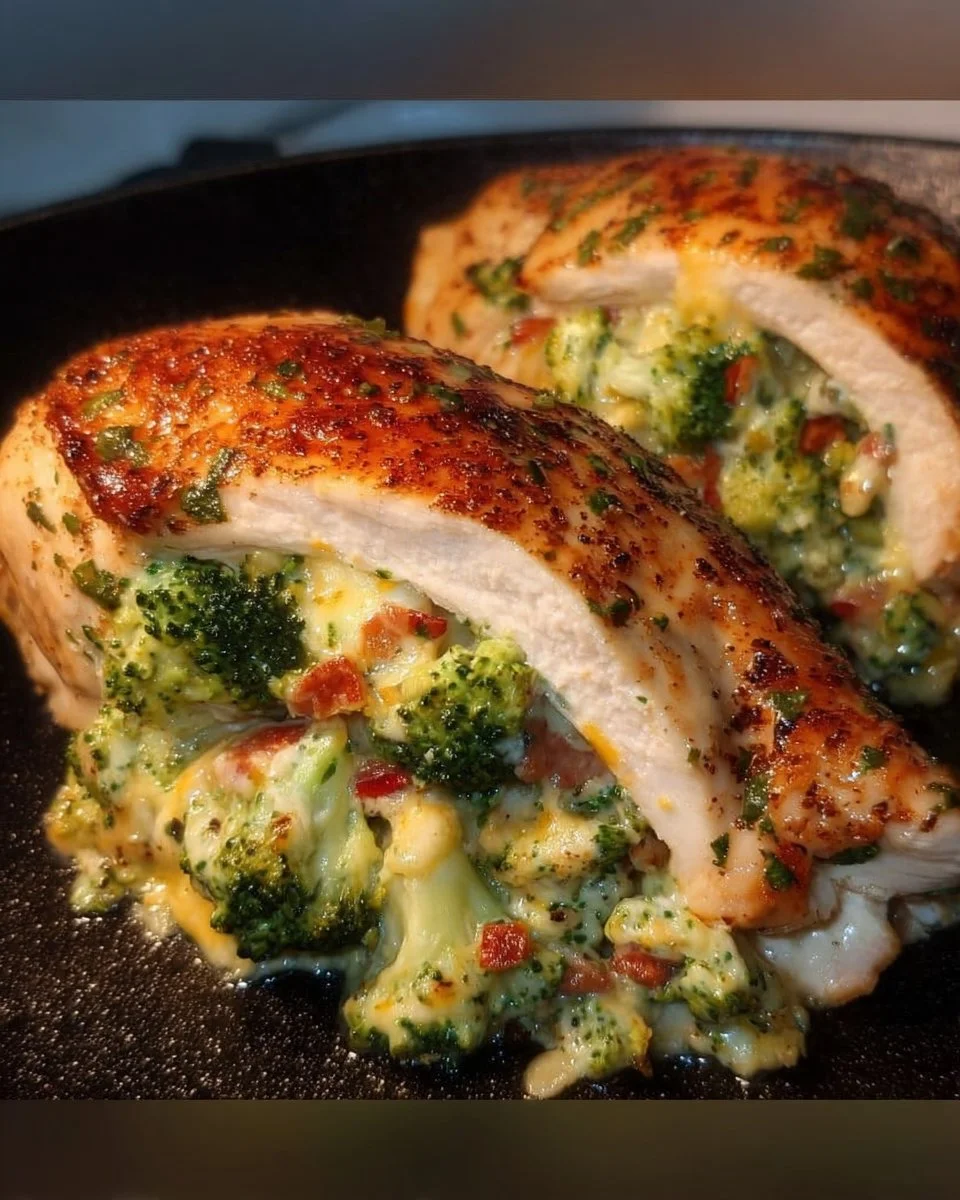 Broccoli cheese stuffed chicken breast on a plate, garnished with herbs.