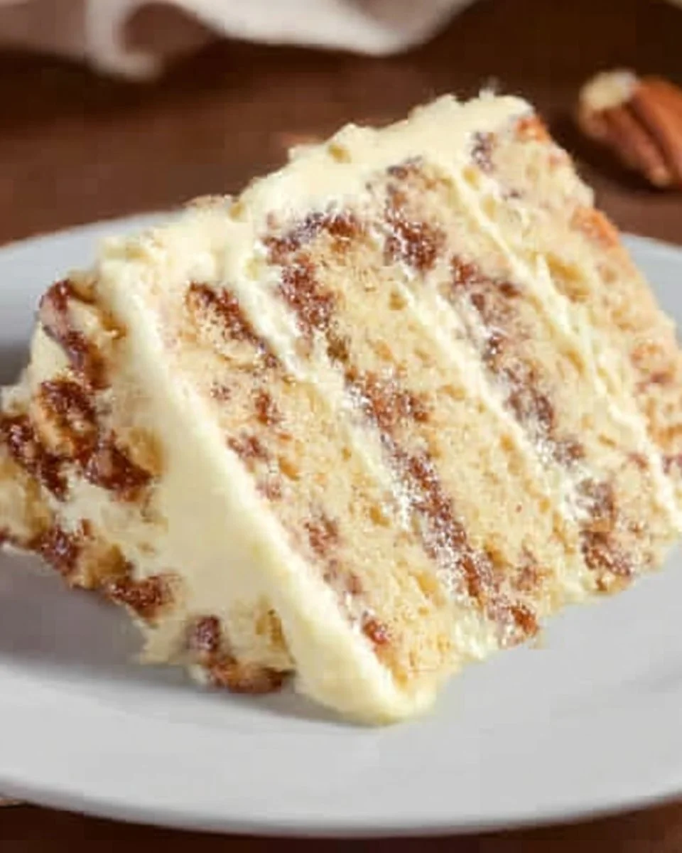Delicious Butter Pecan Cake with creamy frosting and crunchy pecans on top.