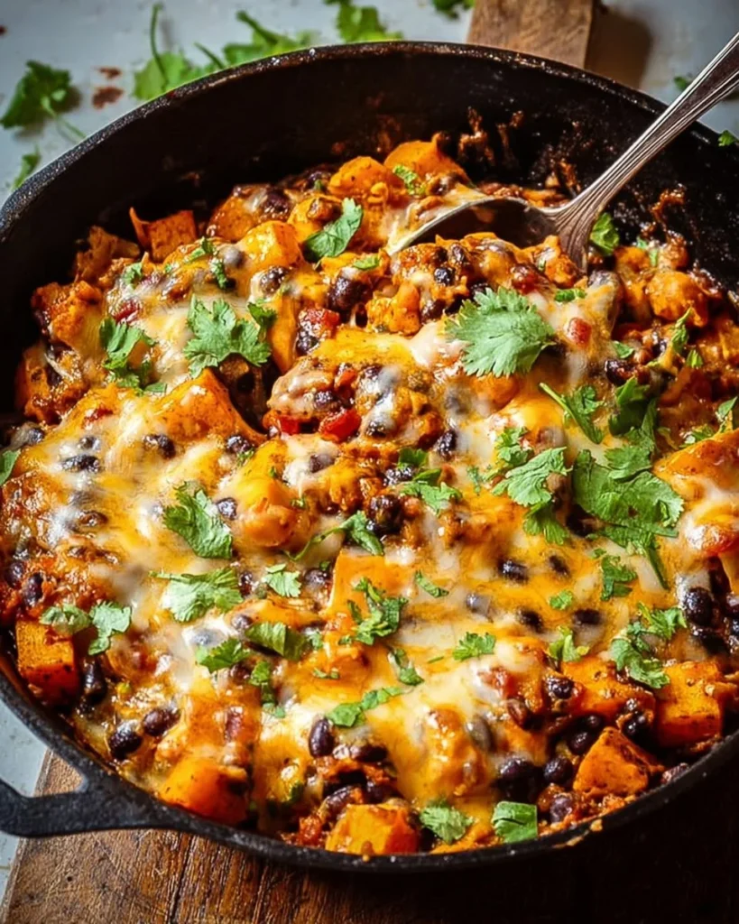 Butternut Squash & Black Bean Enchilada Skillet topped with cilantro.