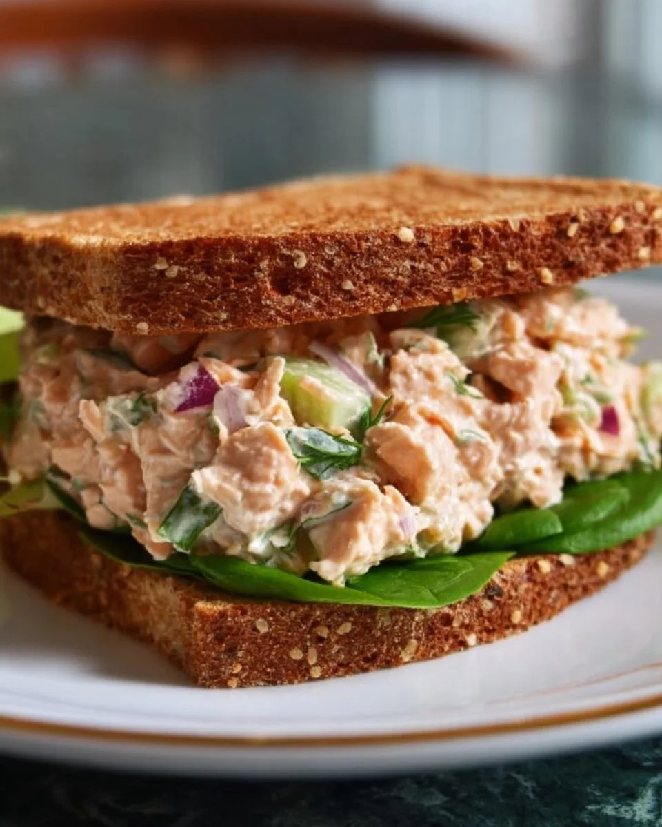 Canned salmon salad sandwich on a plate, garnished with fresh herbs.