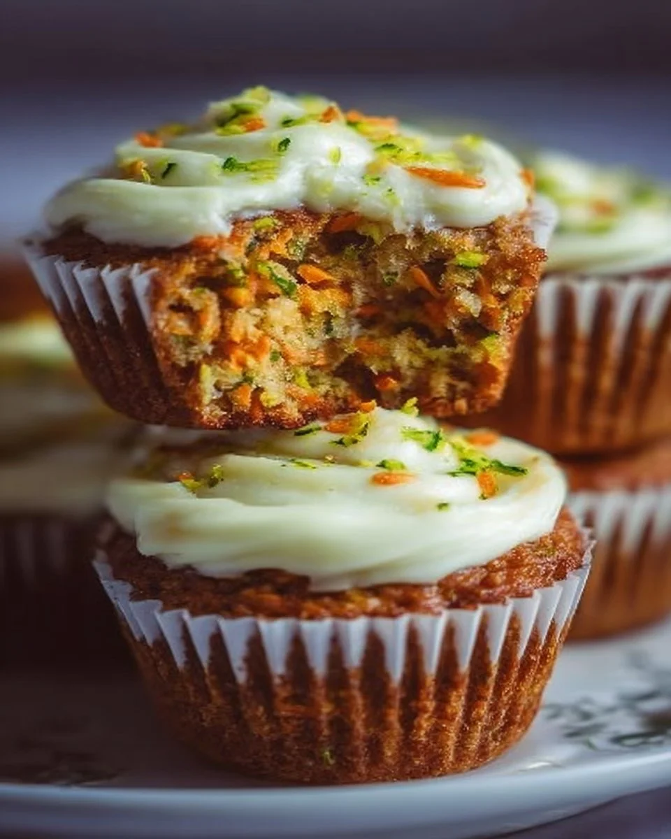 Carrot apple zucchini muffins with cream cheese frosting on a plate