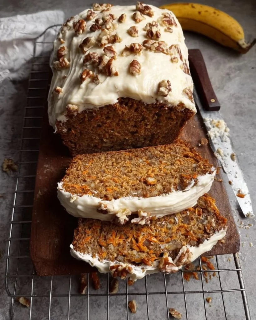 Delicious carrot cake banana bread with cinnamon cream cheese frosting on display