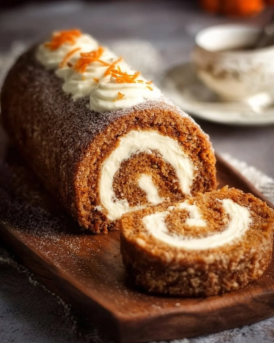 Delicious carrot cake roll with cream cheese frosting filling.