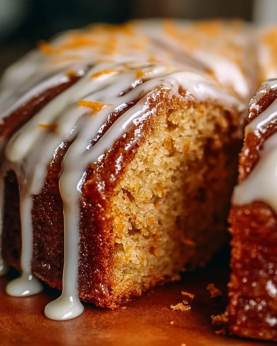 Slice of carrot pound cake with vanilla glaze on a plate