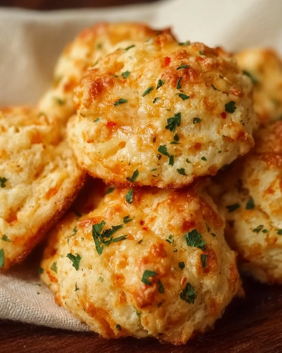 Cheddar Bay Biscuits served with garlic butter and parsley garnish on a plate.