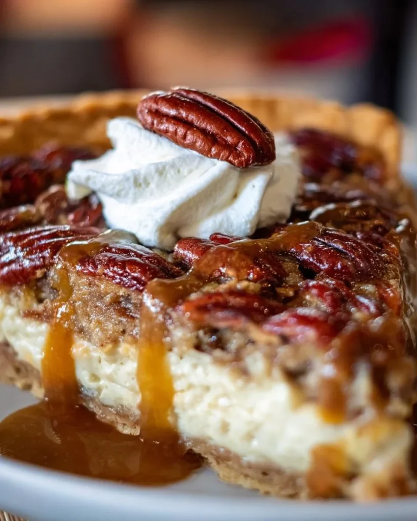 Delicious cheesecake pecan pie served on a white plate with a fork.