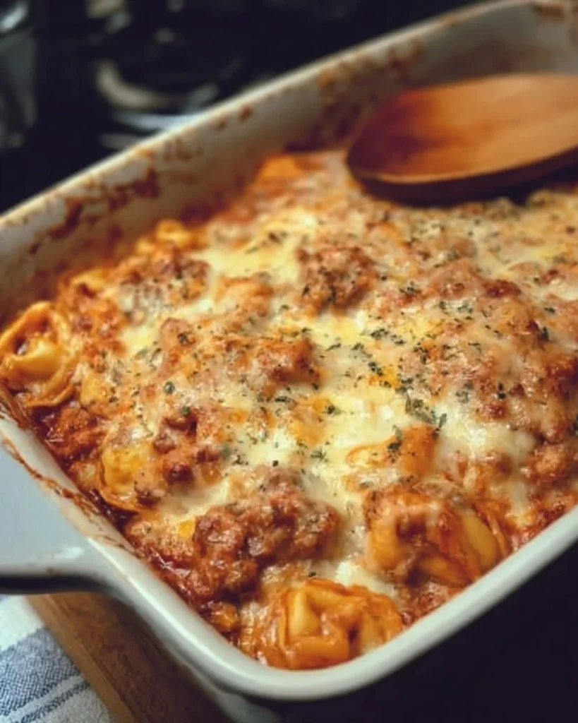 Cheesy baked tortellini casserole topped with meat sauce and melted cheese