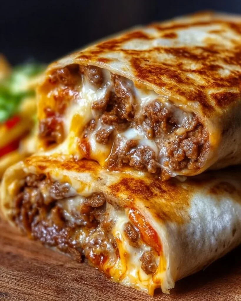 Cheesy beef burrito loaded with flavor and topped with melted cheese