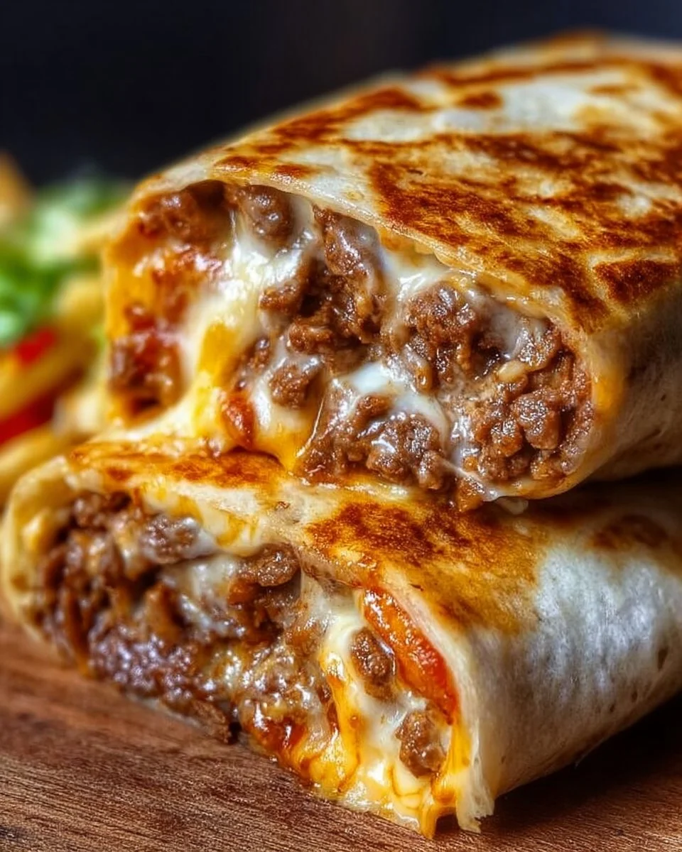 Cheesy beef burrito loaded with flavor and topped with melted cheese