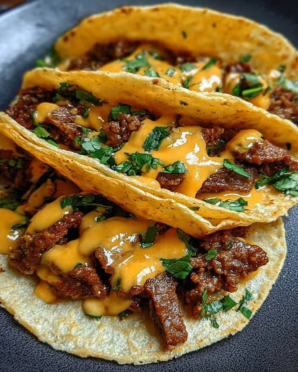 Delicious cheesy beef street tacos topped with fresh ingredients