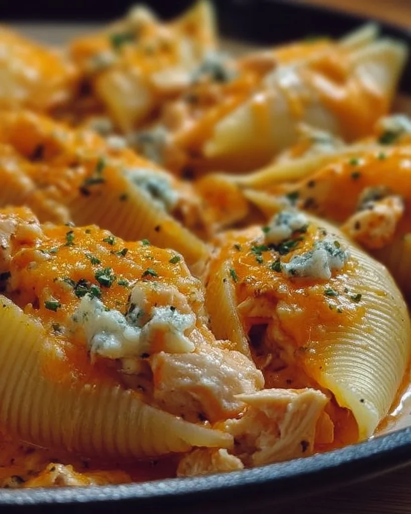 Cheesy Buffalo Chicken Stuffed Shells topped with ranch sauce and green onions