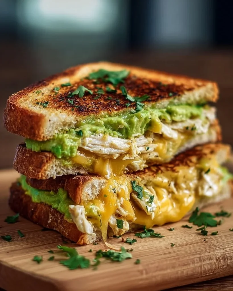 Cheesy Chicken Avocado Melt sandwich with melted cheese and fresh avocado