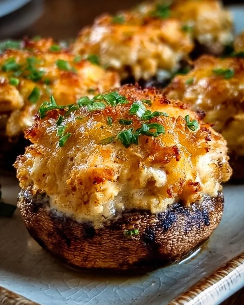 Cheesy crab stuffed mushrooms ready to be served as an appetizer