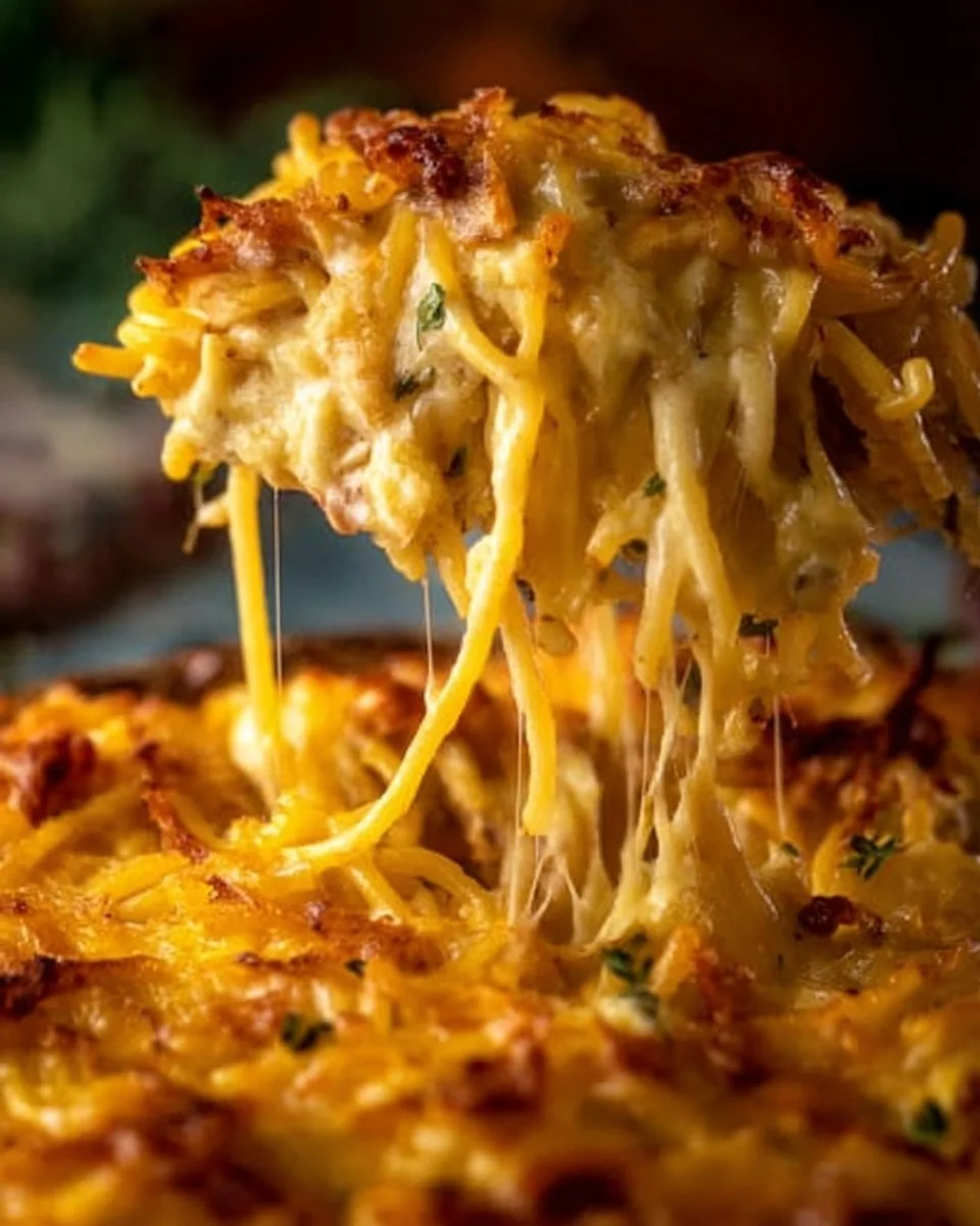 Cheesy Crack Chicken Spaghetti Bake topped with fresh herbs in a baking dish