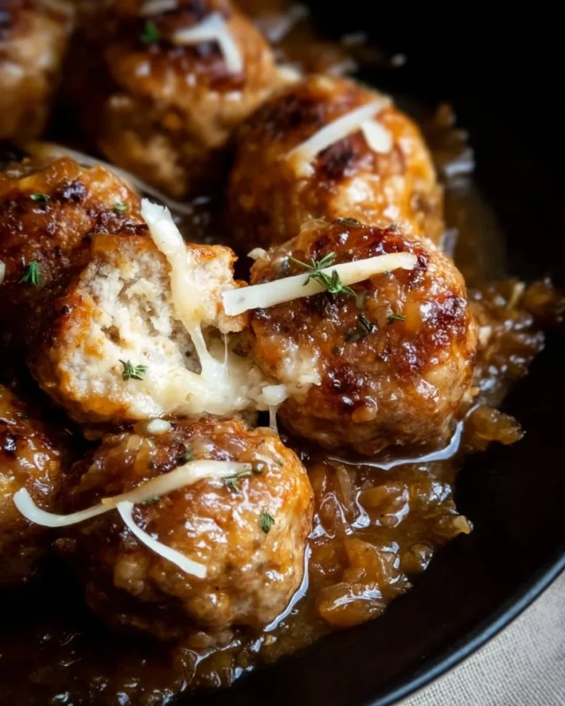Cheesy French onion meatballs topped with melted cheese and savory onions