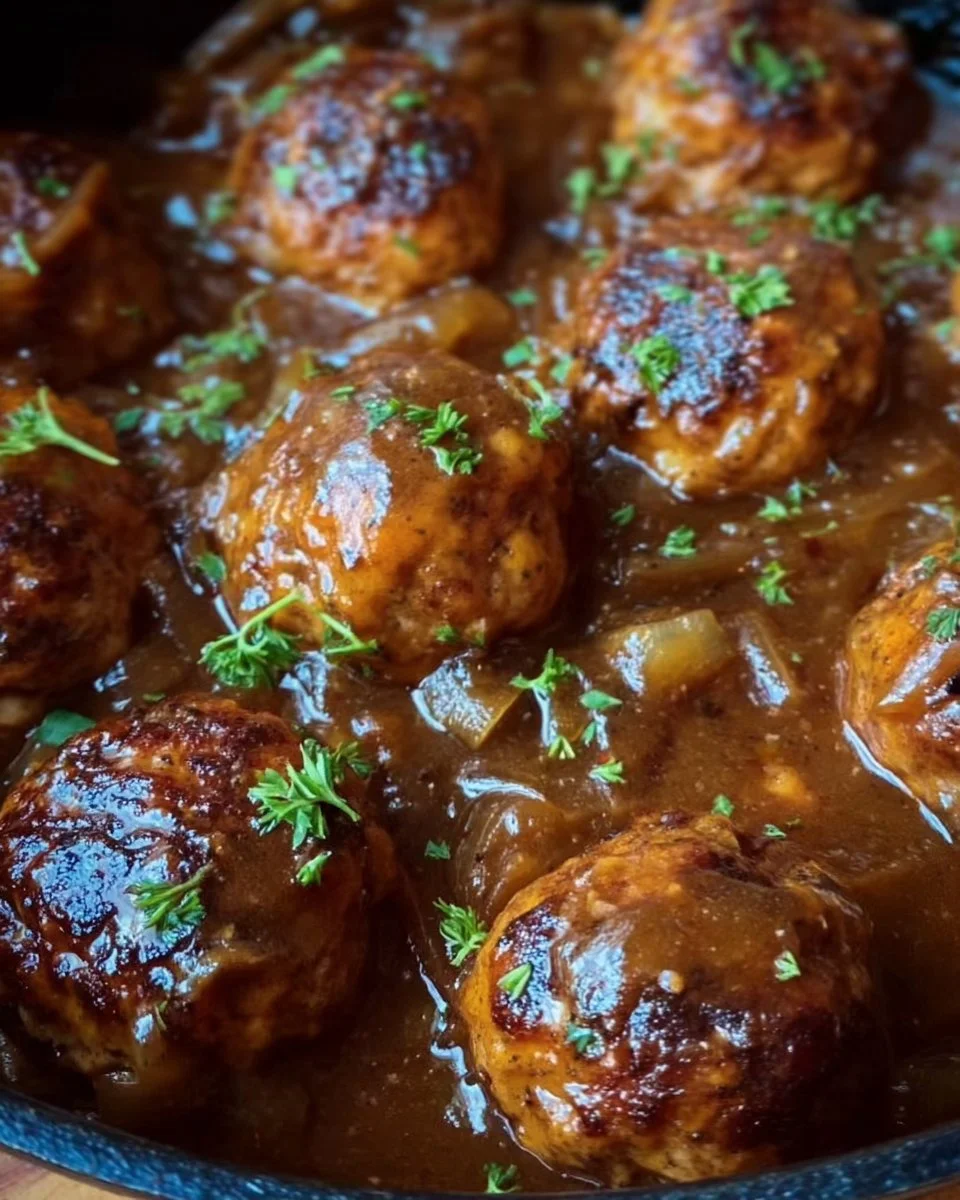 Cheesy French onion meatballs served with caramelized onion sauce.