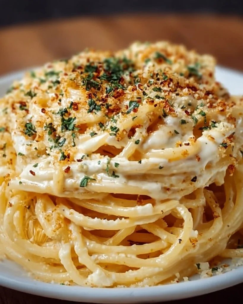 Cheesy garlic parmesan spaghetti topped with cream cheese and herbs