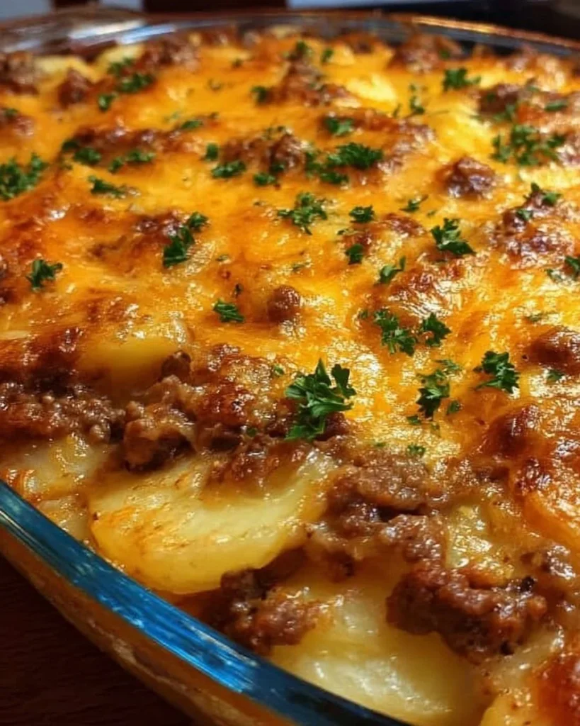 Delicious cheesy hamburger potato casserole ready to serve.