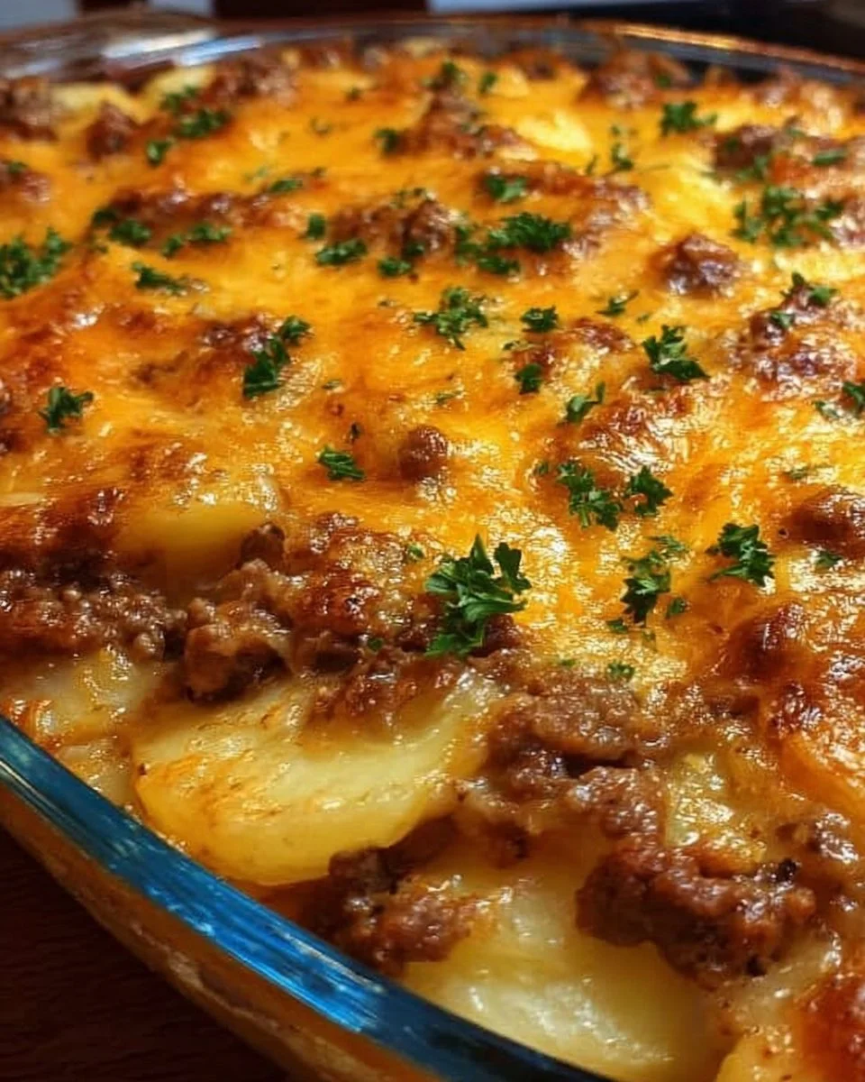Delicious cheesy hamburger potato casserole ready to serve.