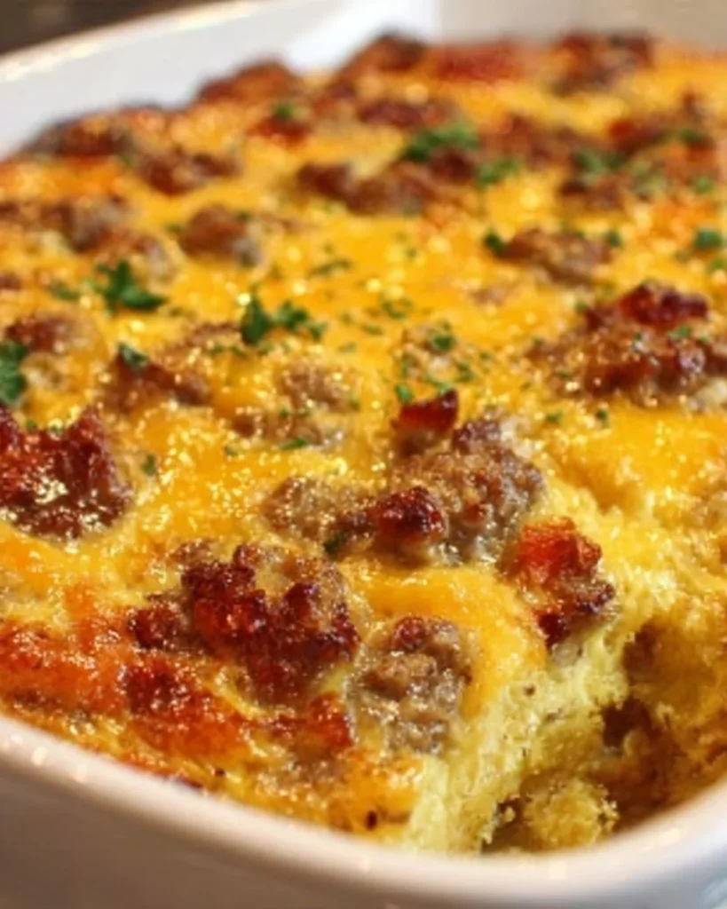 Delicious cheesy sausage breakfast casserole served in a dish