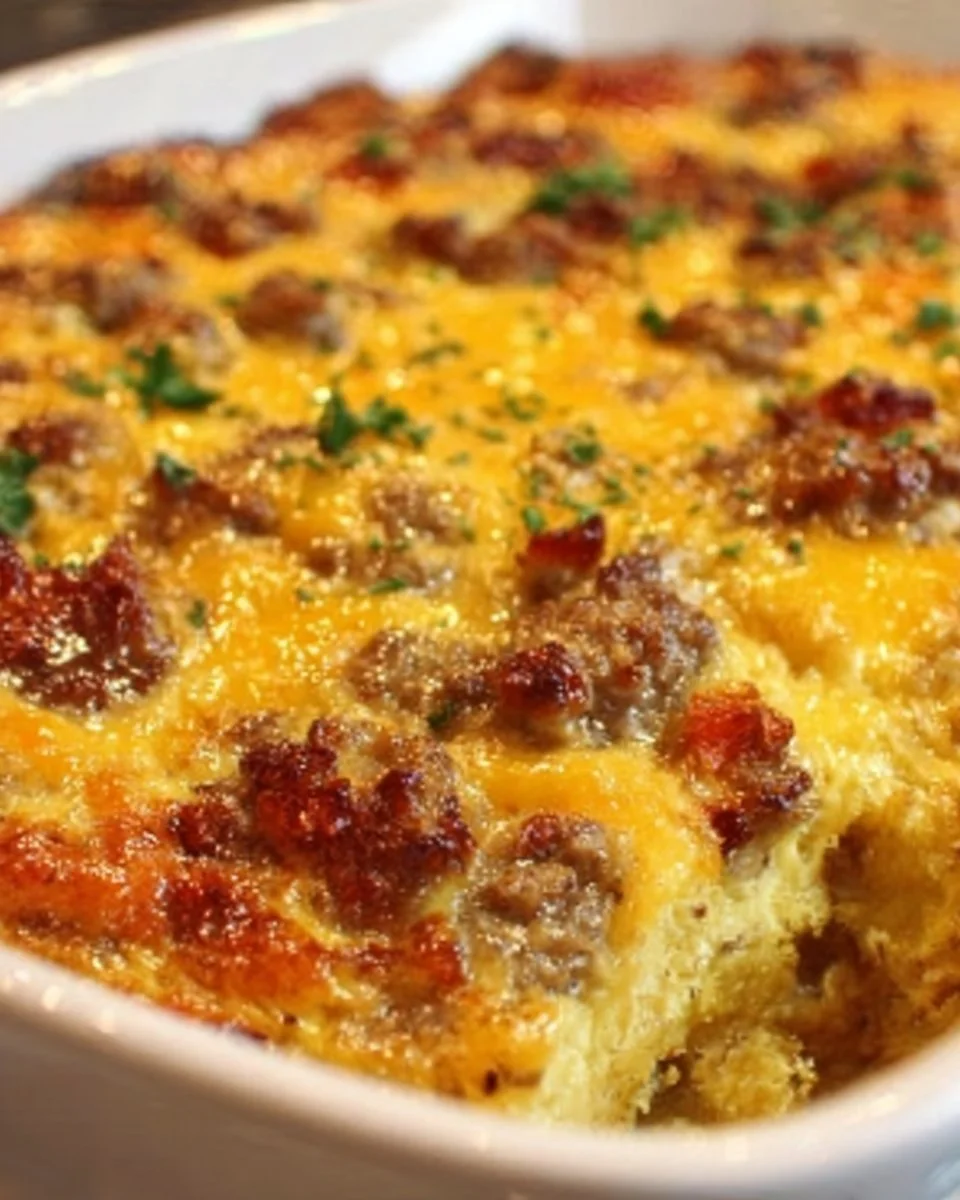 Delicious cheesy sausage breakfast casserole served in a dish