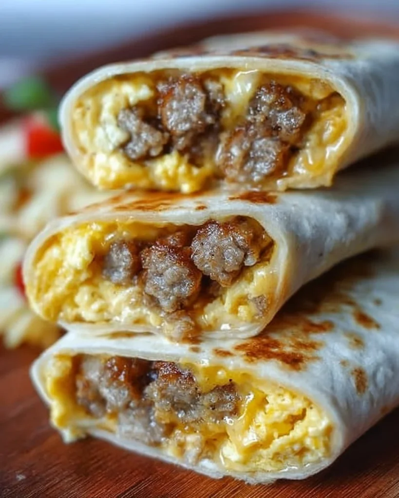 Cheesy sausage and egg wraps served on a plate for a delicious breakfast.