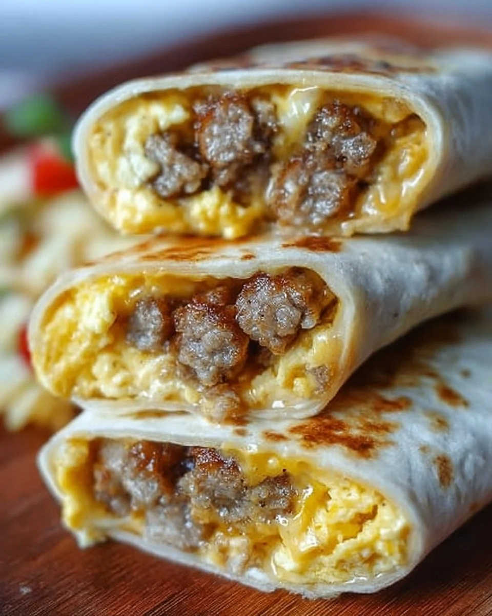 Cheesy sausage and egg wraps served on a plate for a delicious breakfast.