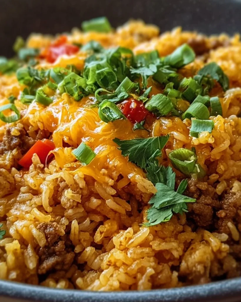 A delicious serving of cheesy taco rice topped with cheese and herbs.