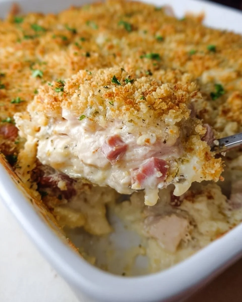 A delicious Chicken Cordon Bleu Casserole served in a baking dish.