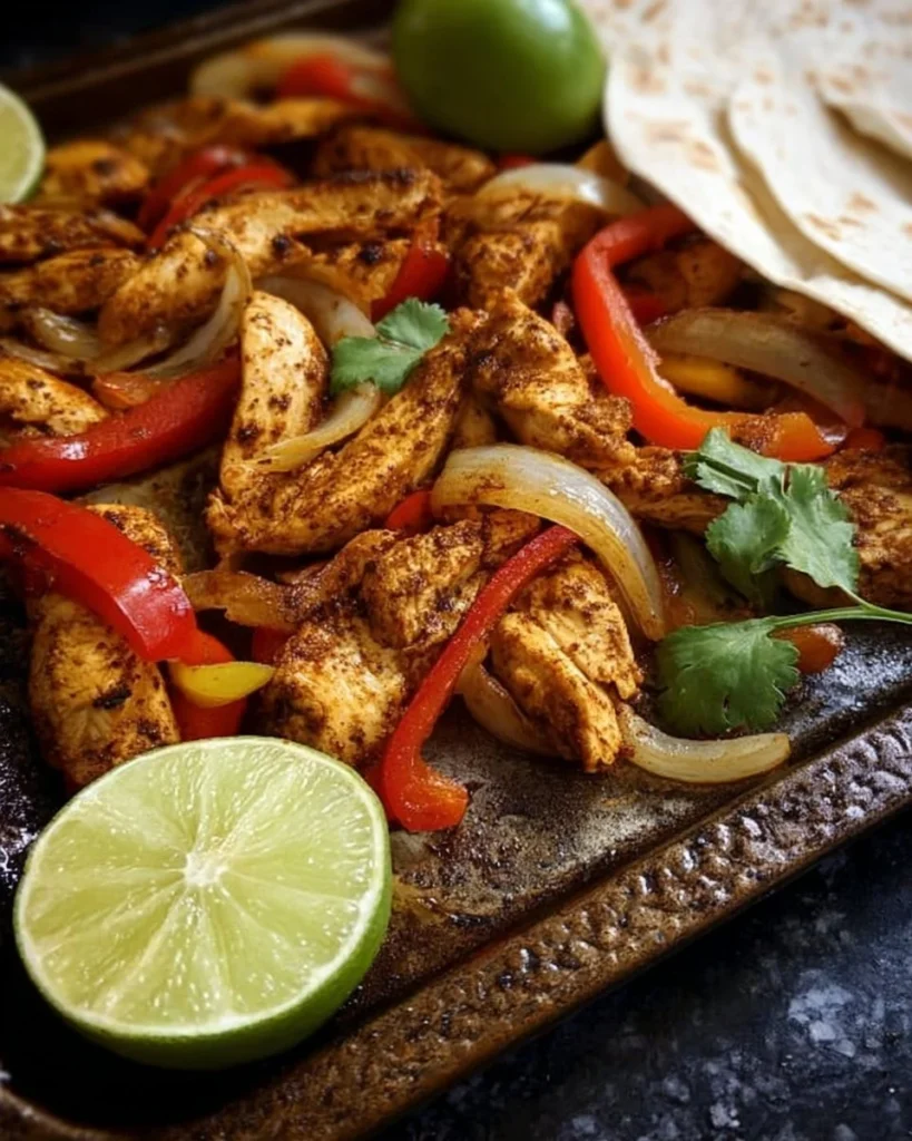 Delicious chicken fajitas served with fresh vegetables and tortillas.