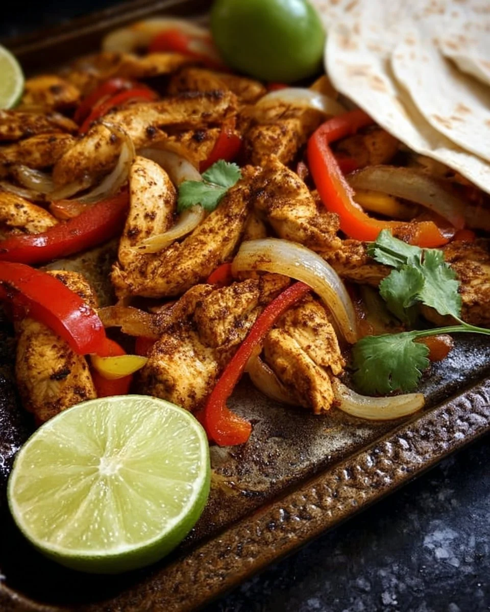 Delicious chicken fajitas served with fresh vegetables and tortillas.