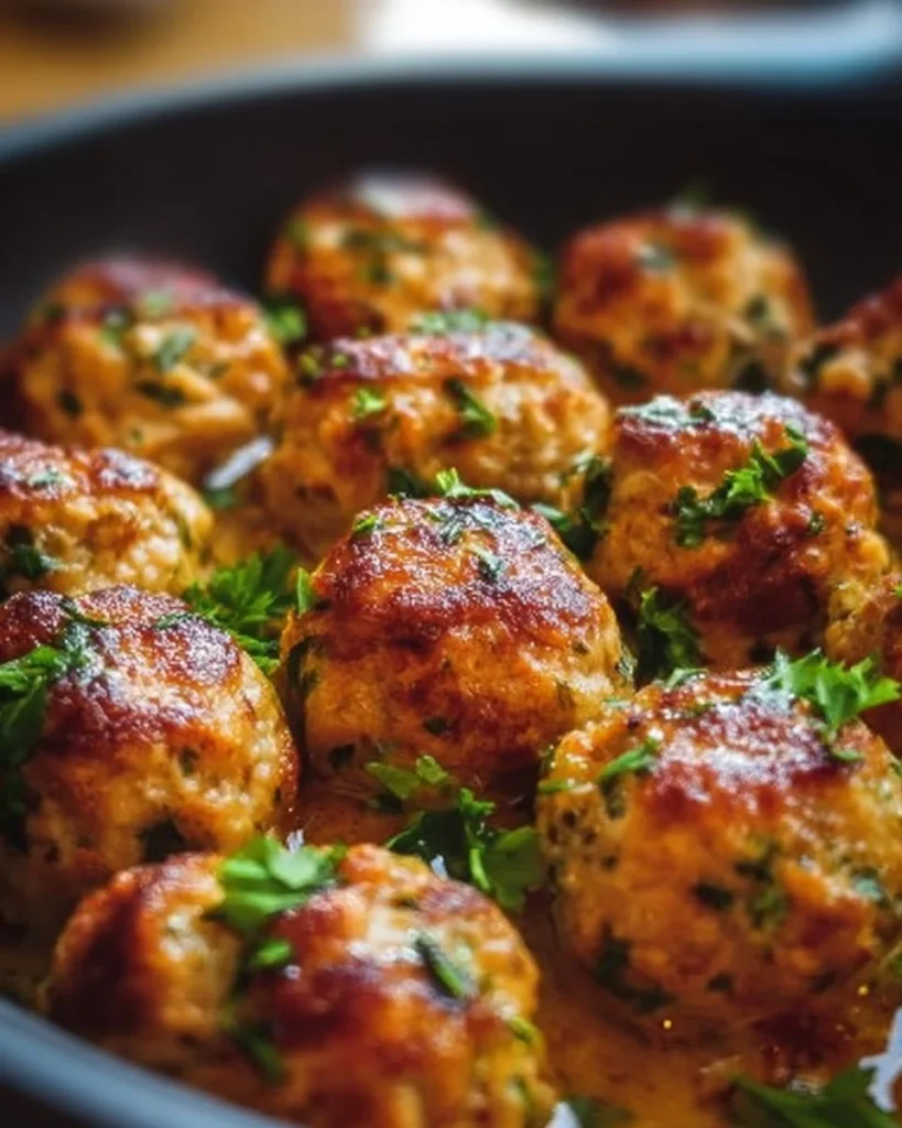 A plate of juicy chicken meatballs served with sauce and garnished with herbs.