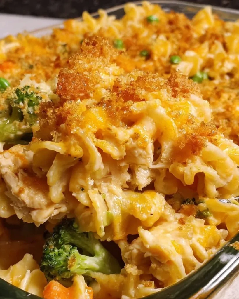 Delicious homemade Chicken Noodle Casserole topped with crispy breadcrumbs