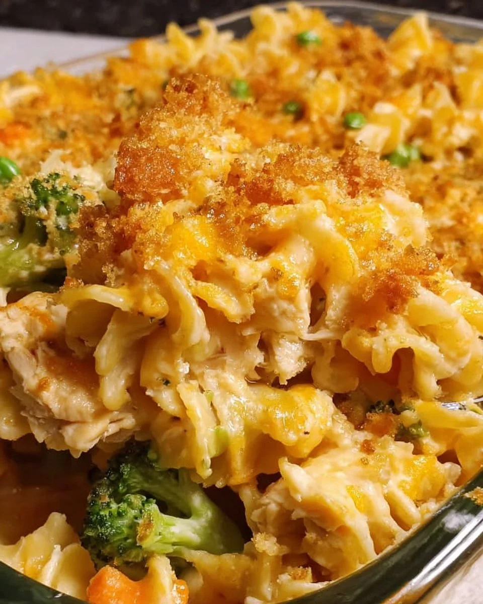Delicious homemade Chicken Noodle Casserole topped with crispy breadcrumbs