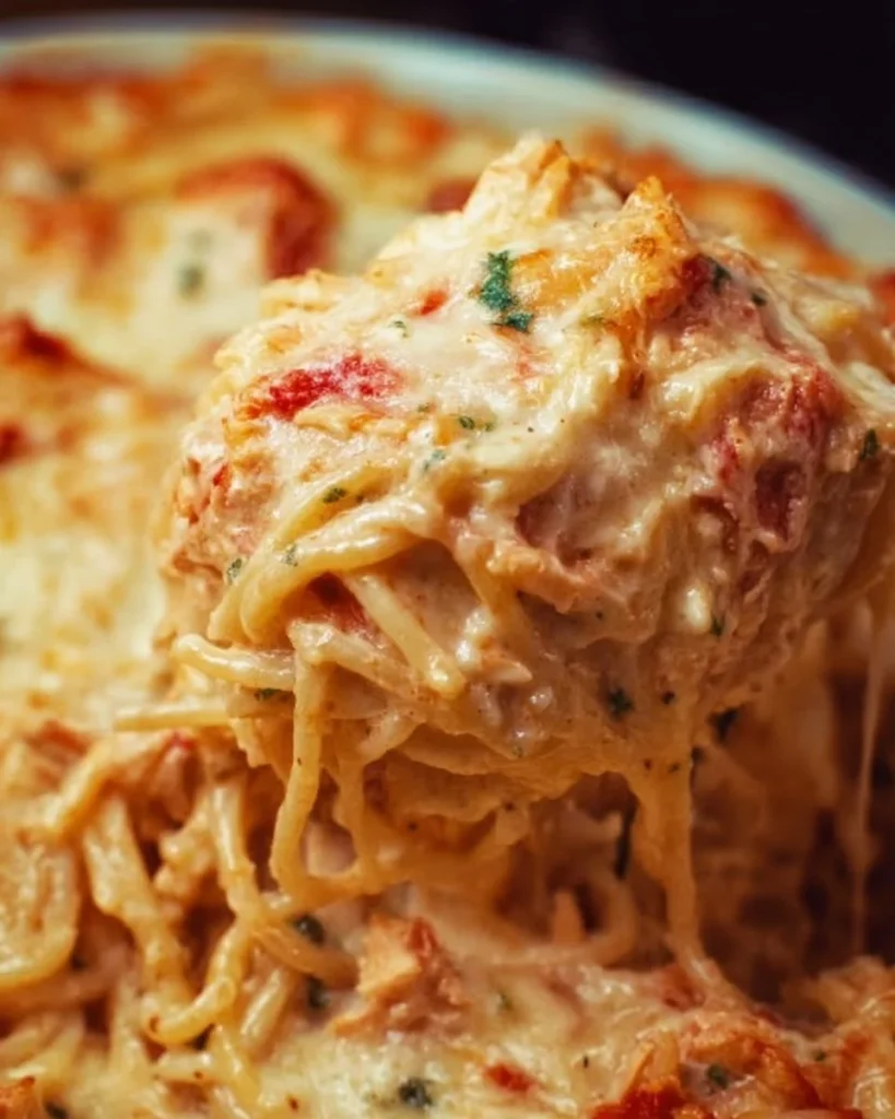 Delicious Chicken Spaghetti Casserole served in a baking dish