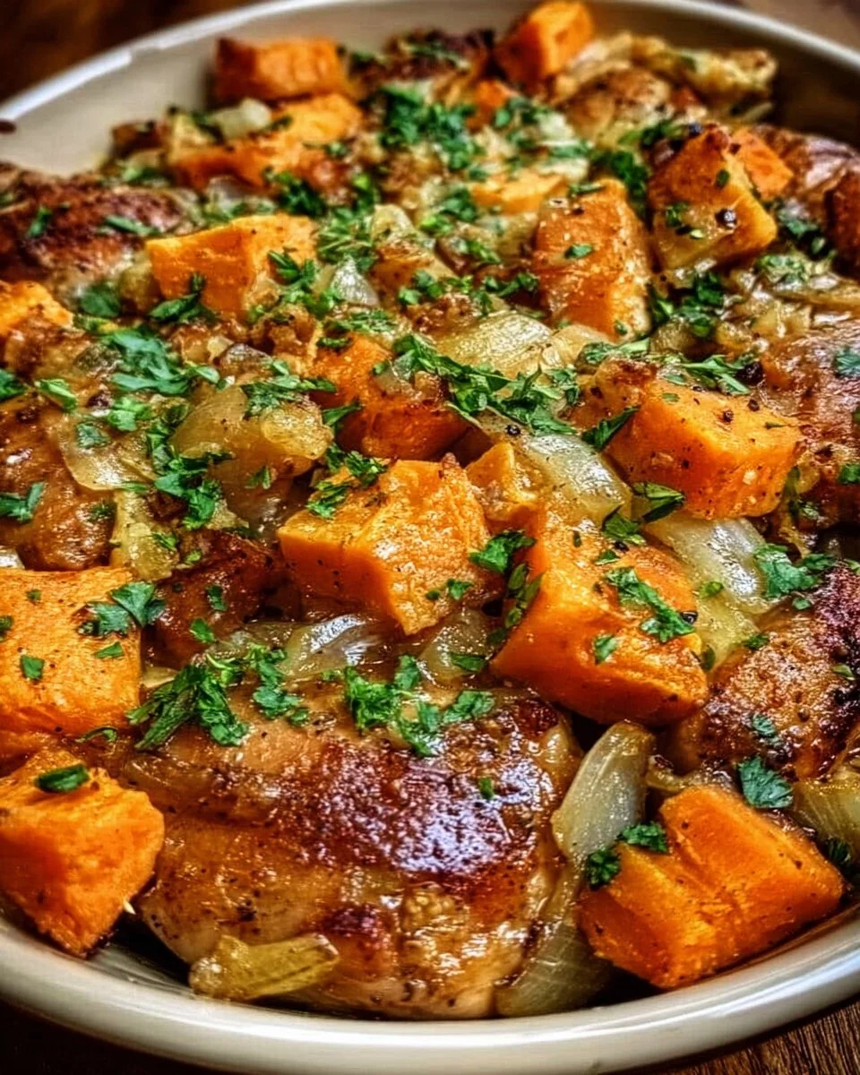A savory Chicken & Sweet Potato Casserole baked to perfection.
