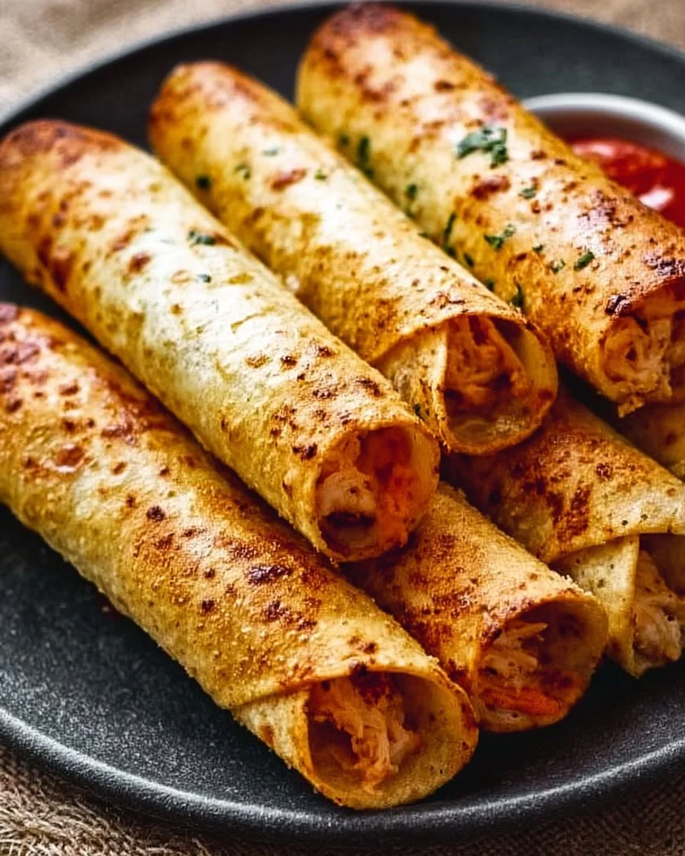 Plate of crispy Chicken Taquitos served with salsa and guacamole