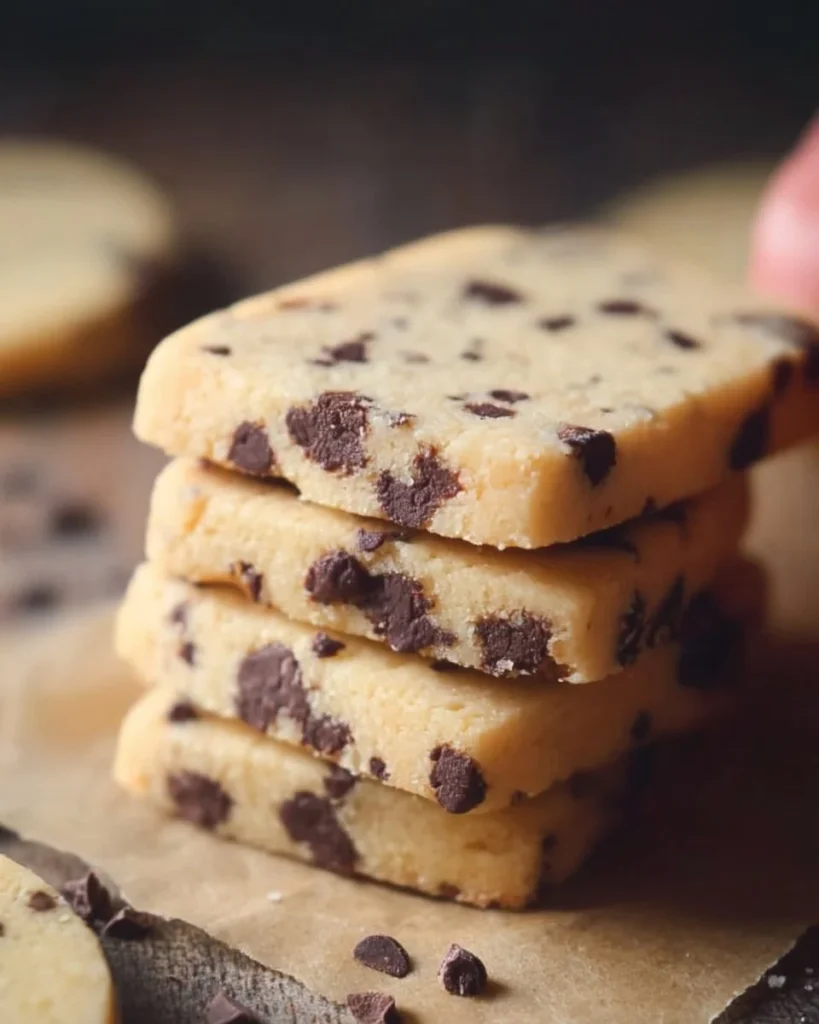 Freshly baked Chocolate Chip Shortbread Cookies on a cooling rack