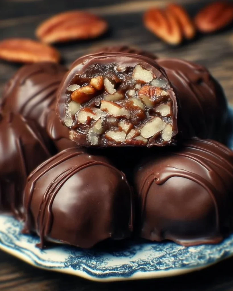 Delicious homemade Chocolate Pecan Caramel Truffles with rich chocolate coating