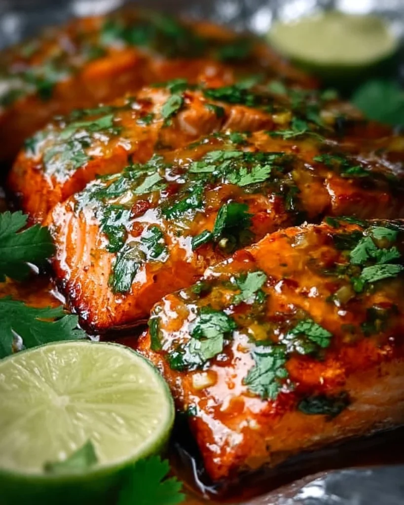 Plated cilantro lime honey garlic salmon with fresh cilantro and lime slices