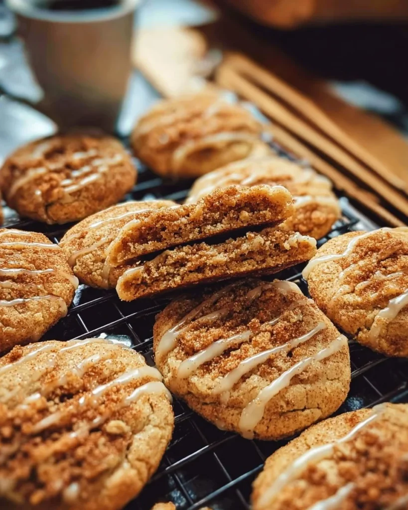 Cinnamon brown sugar coffee cake cookies stacked on a plate, fresh out of the oven
