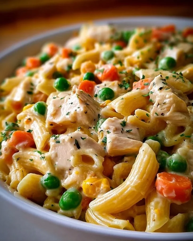 Delicious bowl of classic chicken pot pie pasta with fresh vegetables.