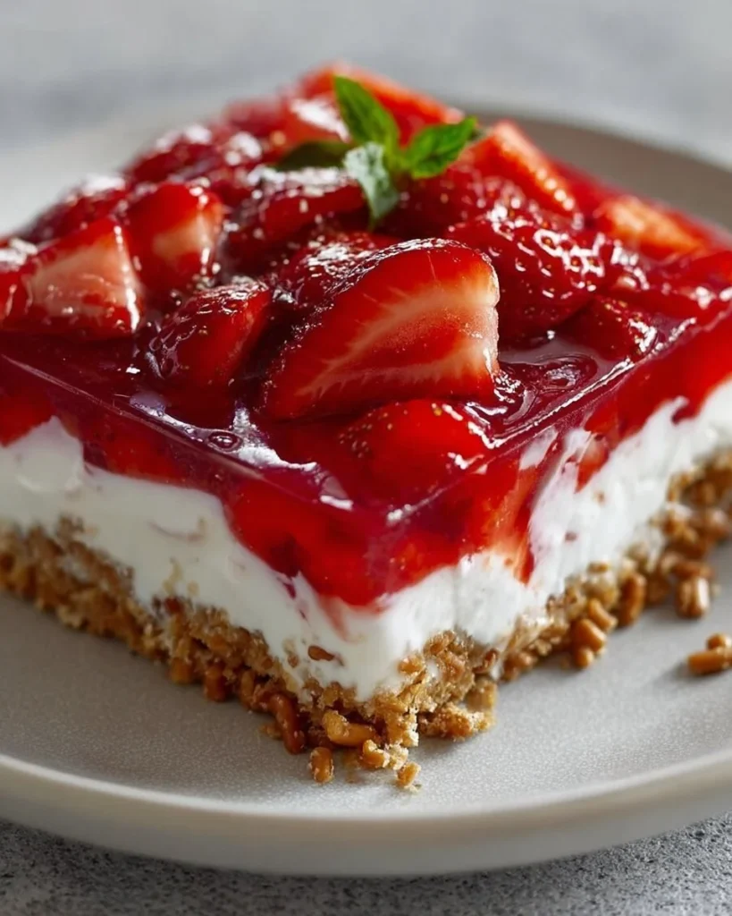 Classic strawberry pretzel salad with cream cheese filling and pretzel crust