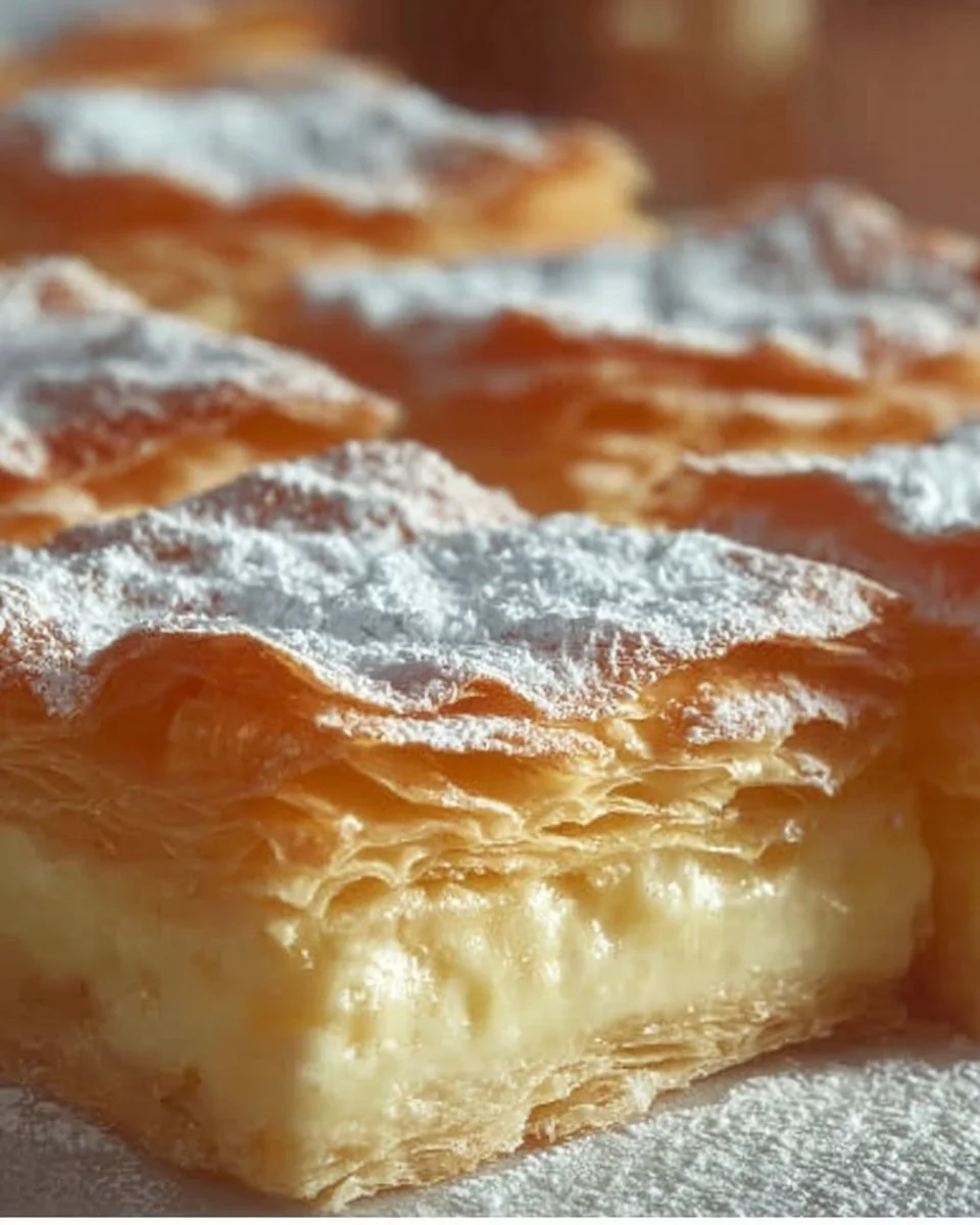 Delicious classic vanilla slice dessert with custard and pastry layers